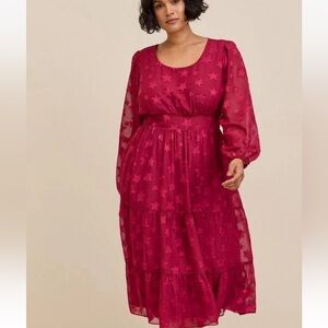 NWT Torrid Burgundy Star Chiffon Tiered Midi Dress Sz 14/16 Pockets Red Wine